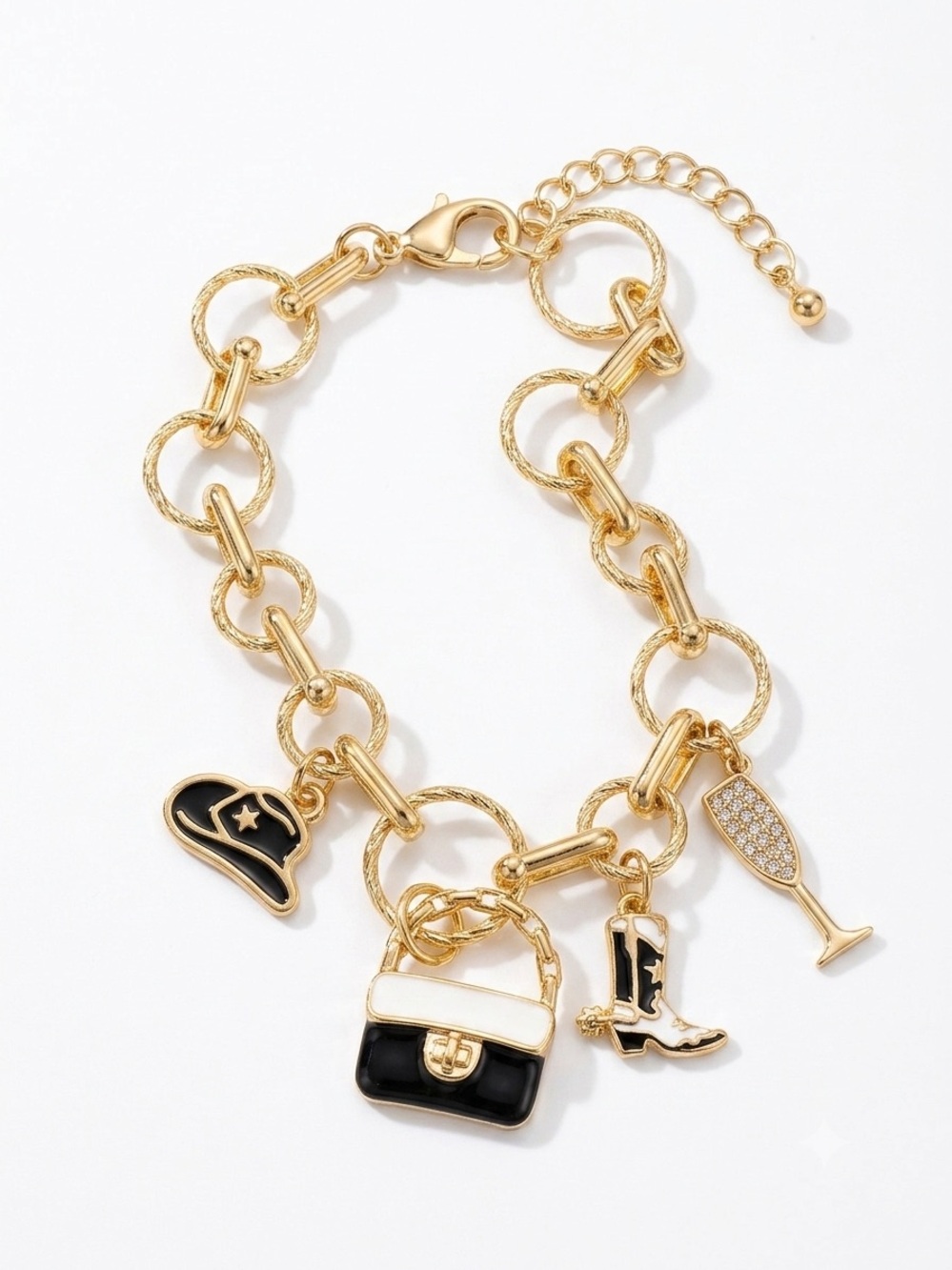 14k/18k Gold - Filled Charm Bracelet with Black & White Enamel